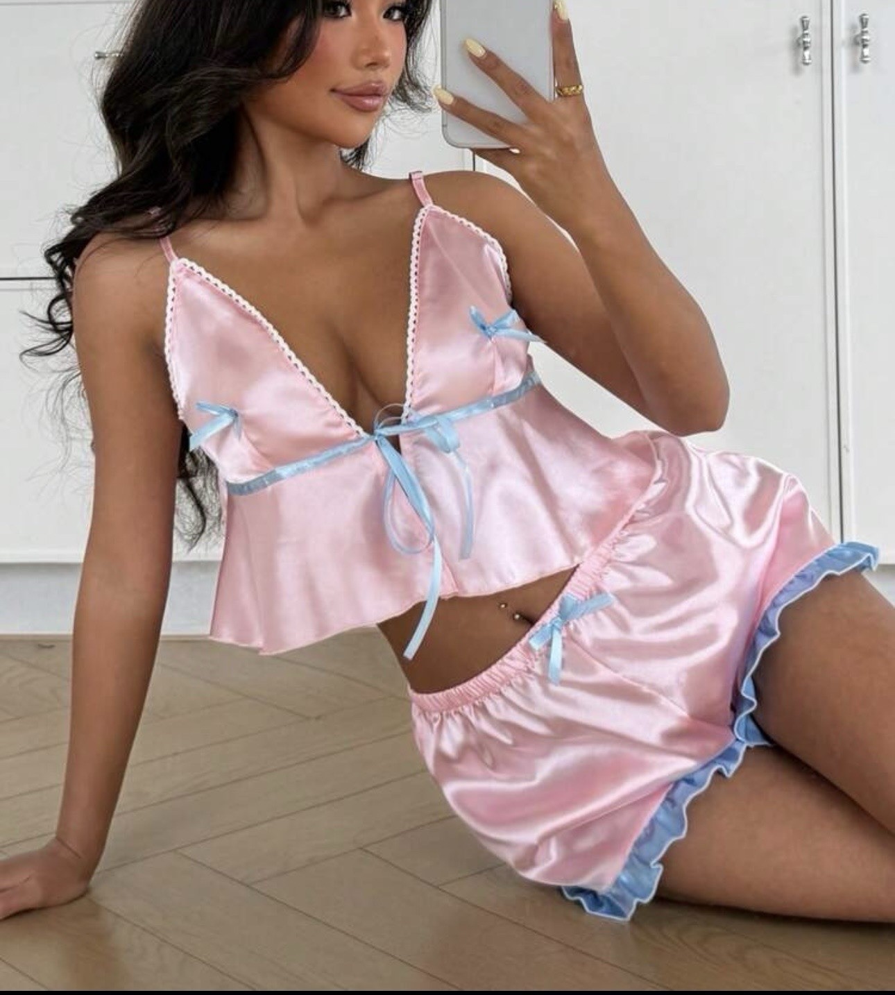 Glossy Pink 2nd Skin Satin & Lace Camisole & Shorts Lingerie Sleep Set XL NEW