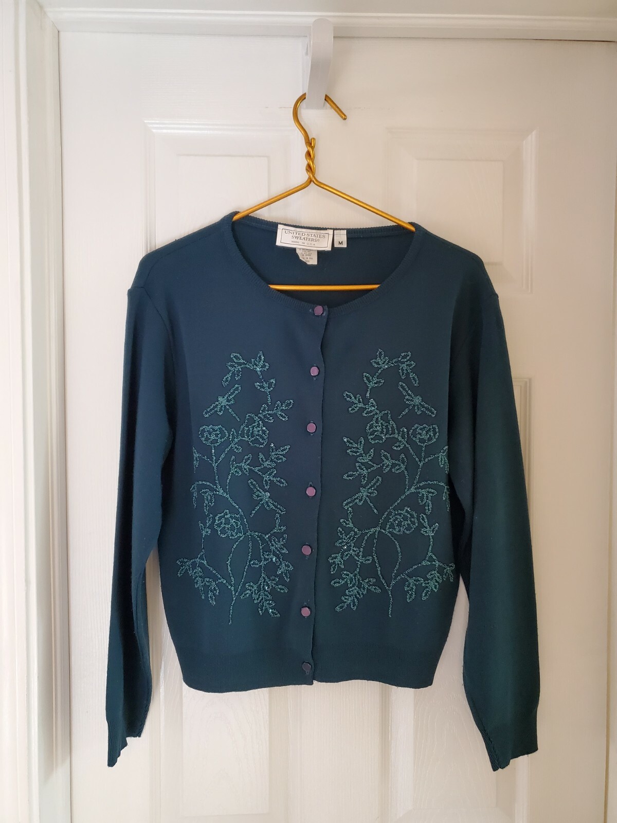 Vintage Womans United States Sweater Dark Teal With Beaded Front Size M