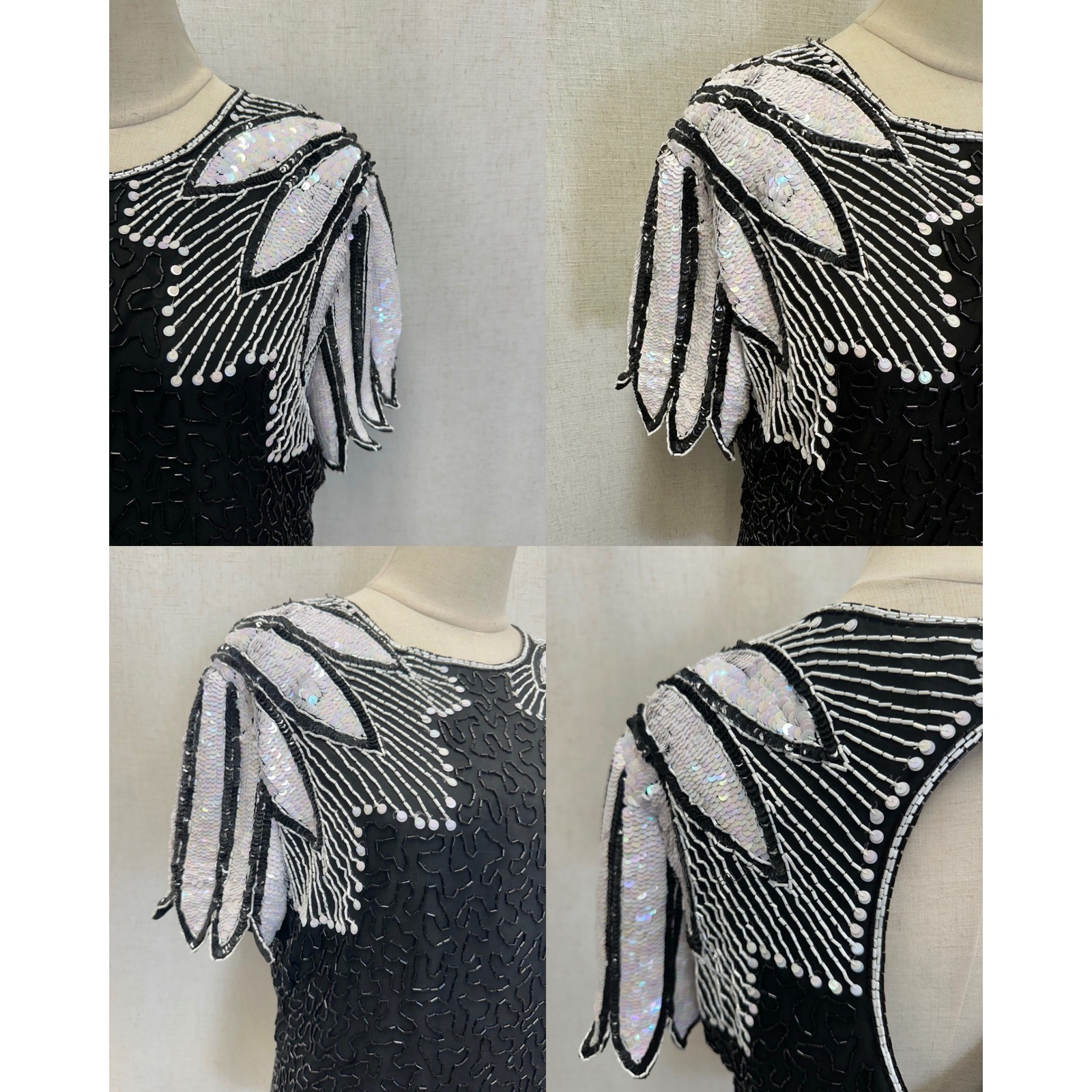 Stenay 100% Silk Beaded Sequin Black White Top Womens 14 Vintage Evening Blouse