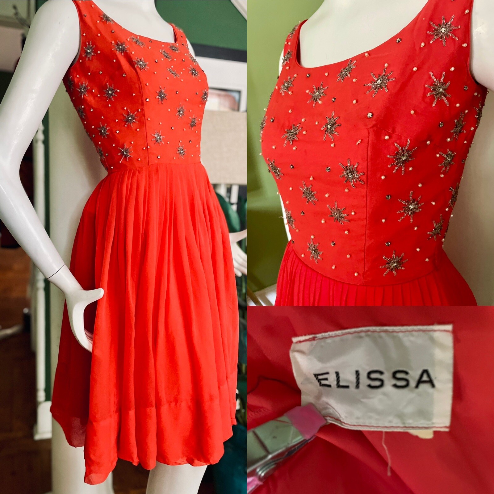 1950s Beaded Bold Orange Fit Flair Hollywood Glam Chiffon Party Dress VLV 34/26