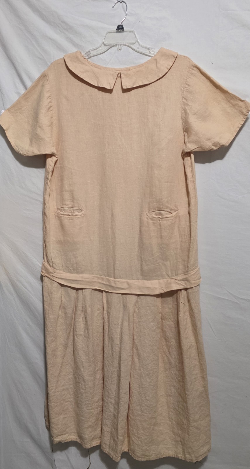 Vtg Flax by Angelheart L Dress Long Tan Linen Drop Waist Short Sl Lagenlook &rsquo;90s