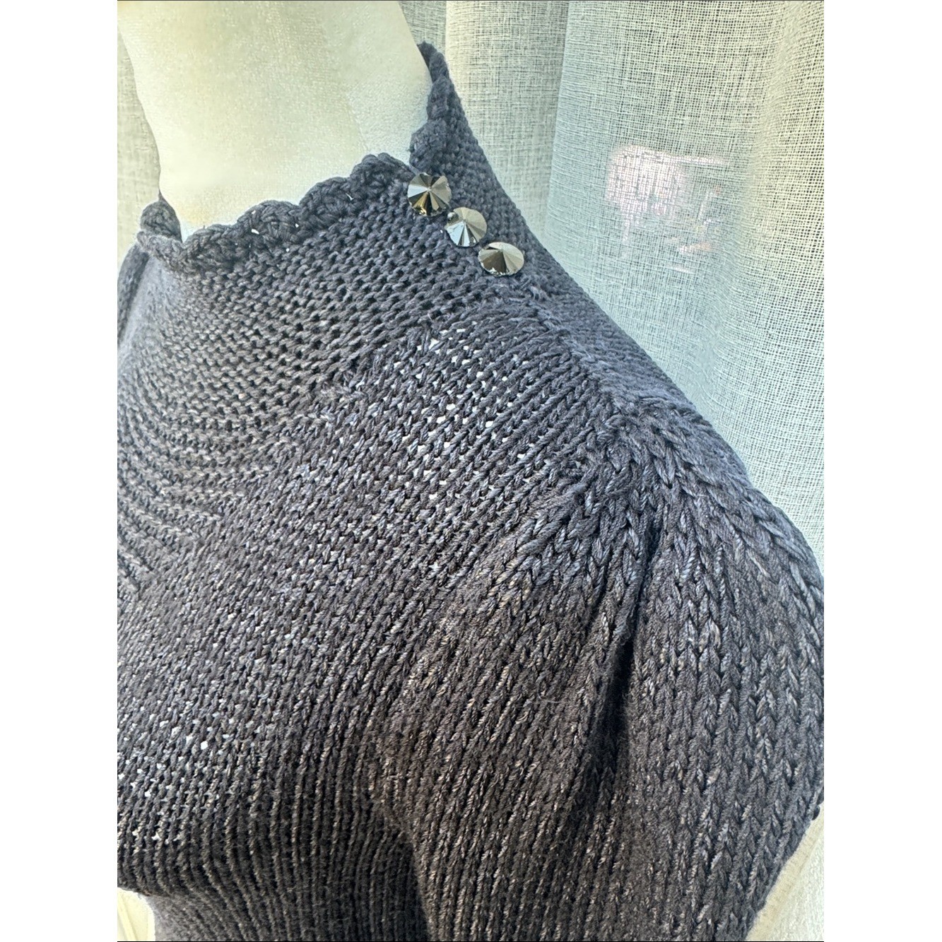 Vintage black hand knitted Victorian style peplum high neck sweater