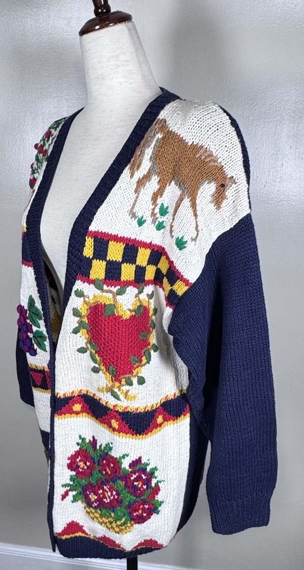 Vintage Talbots Hand Knit Fruit Patriotic School Teacher Cardigan Sweater Sz L