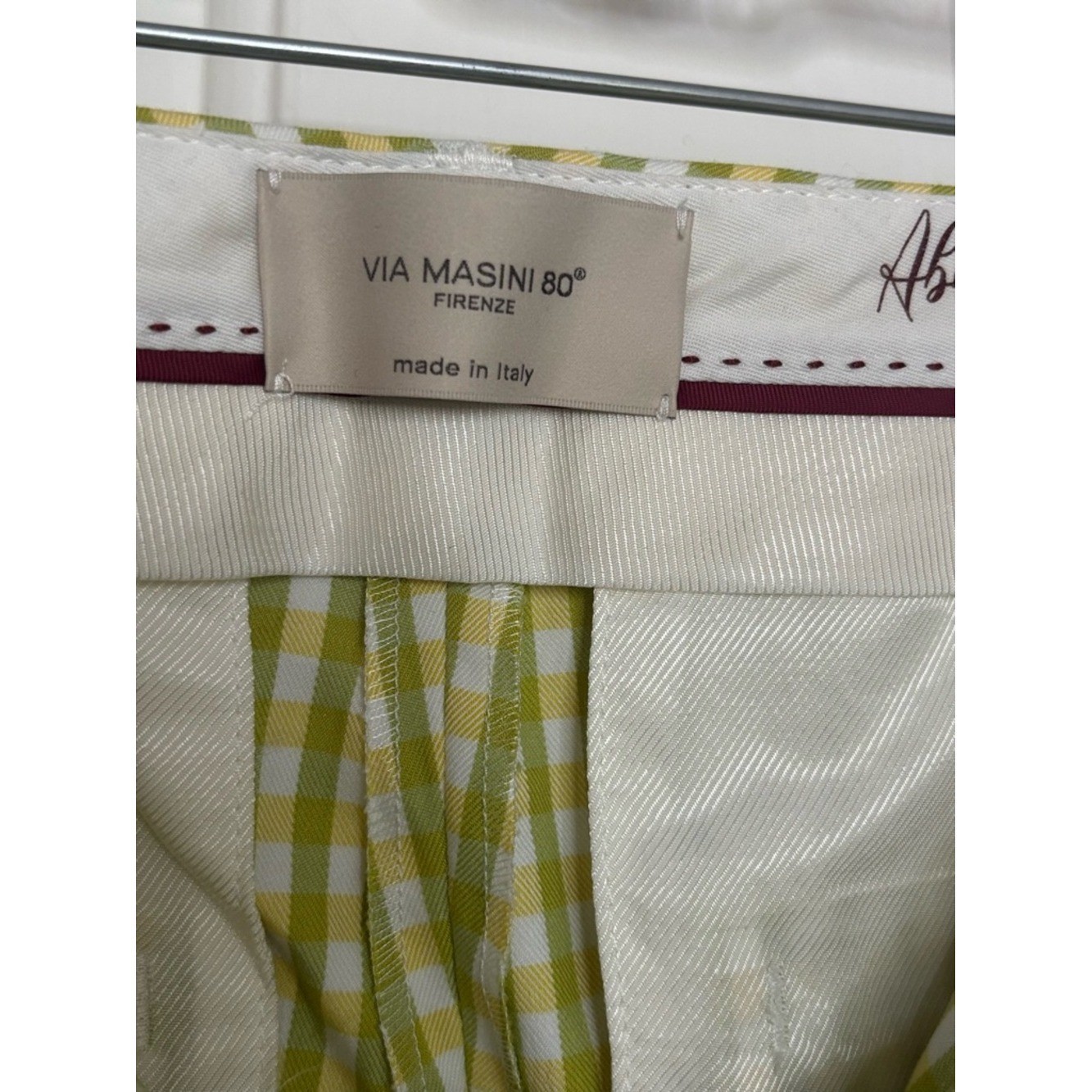 NWT VIA MASINI Gingham Slim Ankle Pants in Green, Yellow and White Italian 38/2