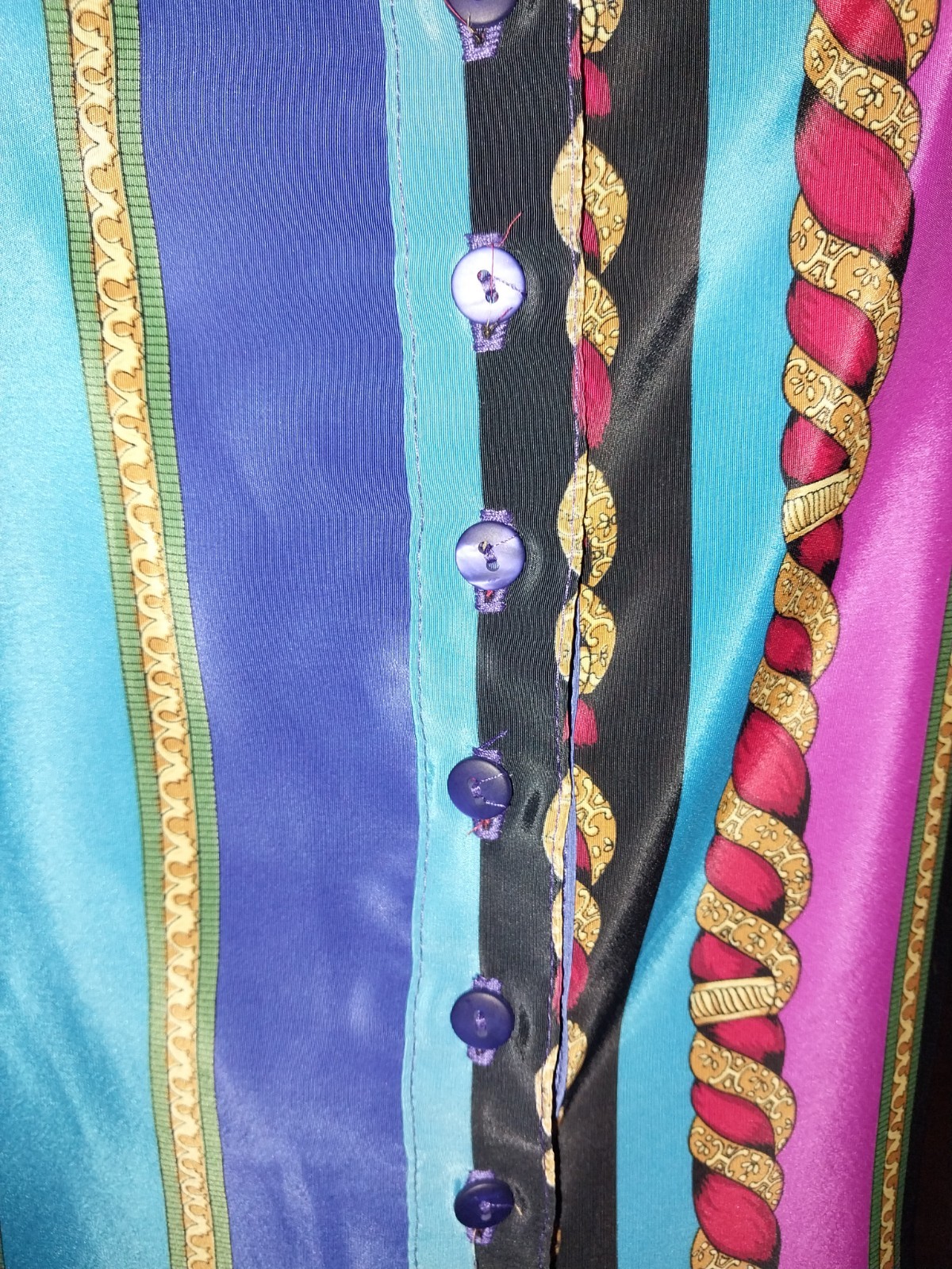 VTG SATIN SHINY VERSACE ESQUE NOTCH COLLAR BLOUSE GOLD ROPES GEO TOP USA 40&Prime; NOS