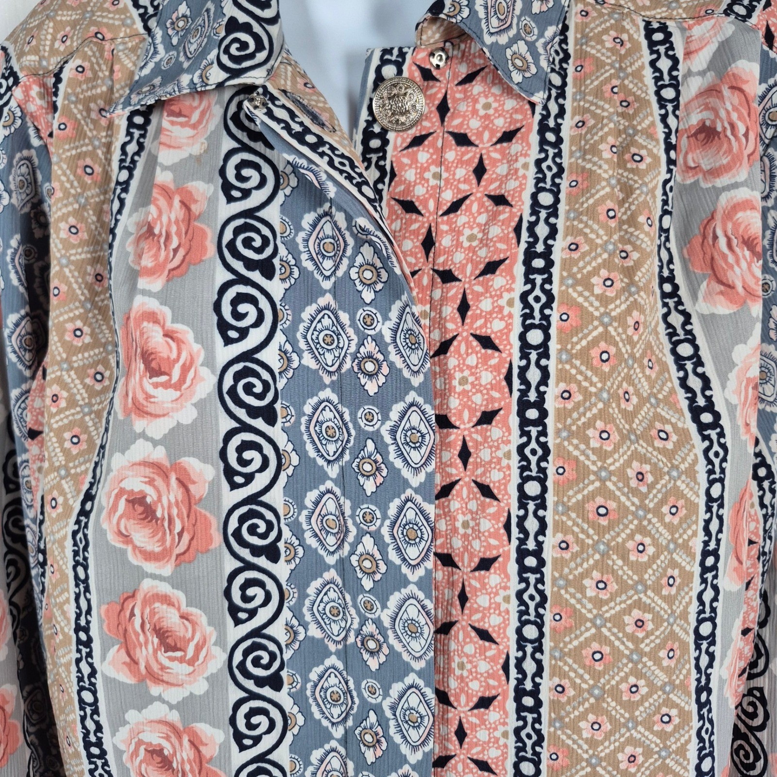 Vintage button down shirt floral pink black Notations womens 8