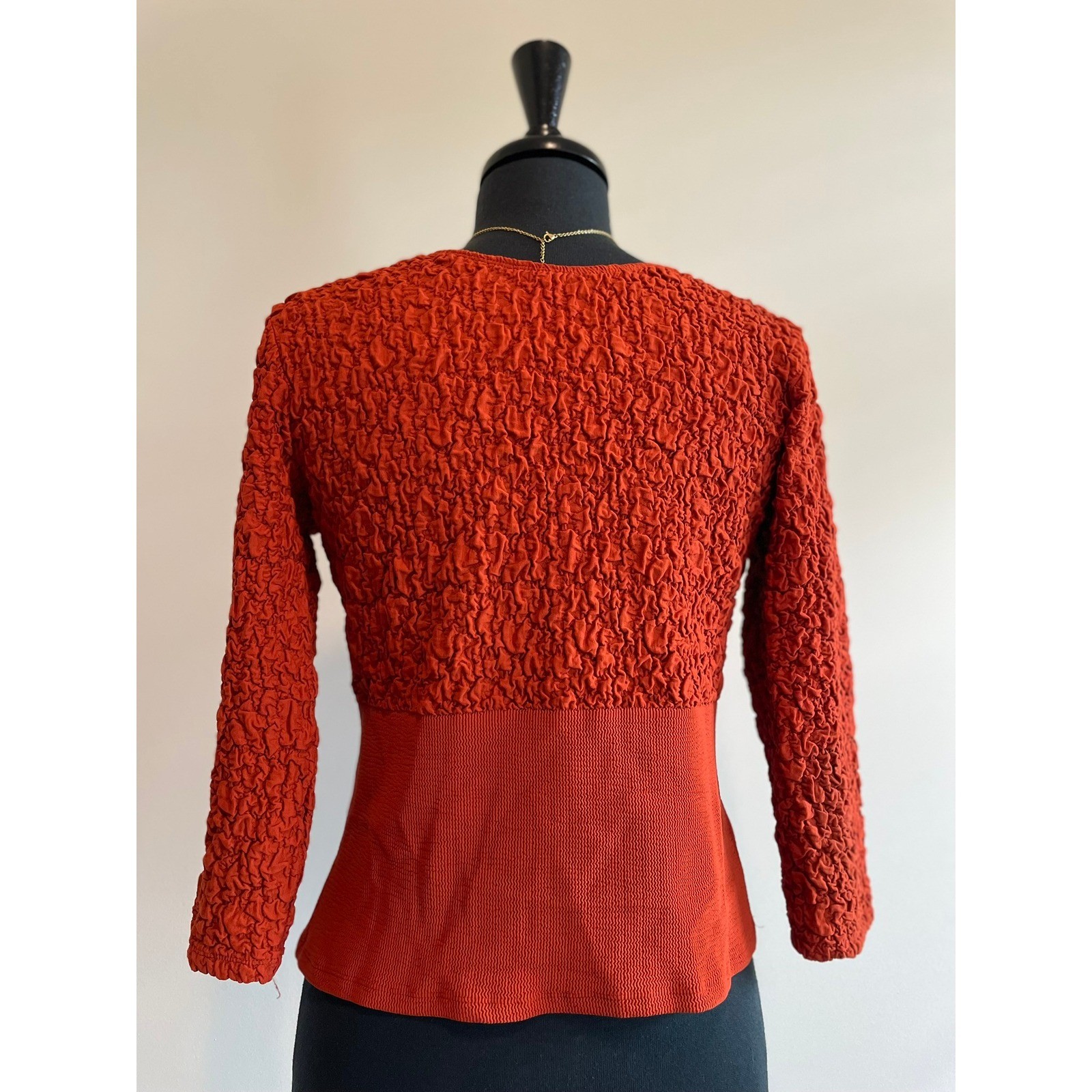 American Vtg Rust Orange Textured 3/4 BOHO Sleeve Blouse Top L
