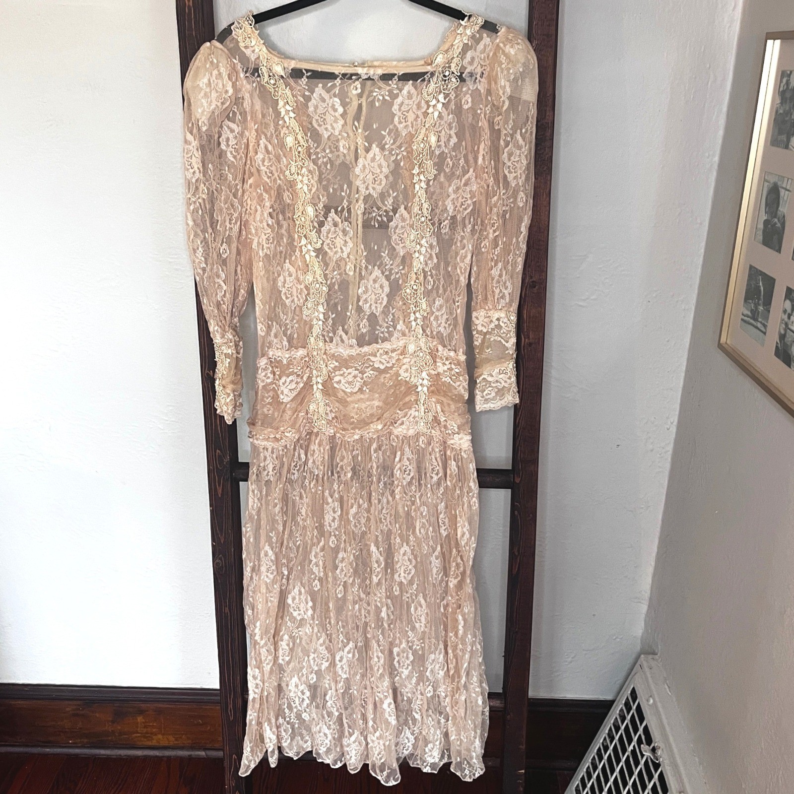 Vintage Sheer Floral Lace Drop Waist Dress Champagne Coquette Regency Wedding