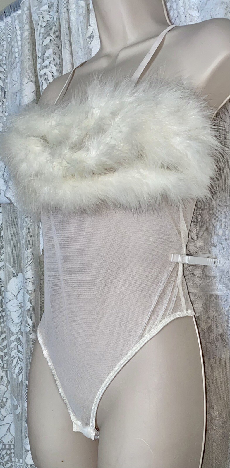 VTG VS M+ White Bridal Sheer Chiffon Nylon Teddy Romper nightie Marabou Trim USA