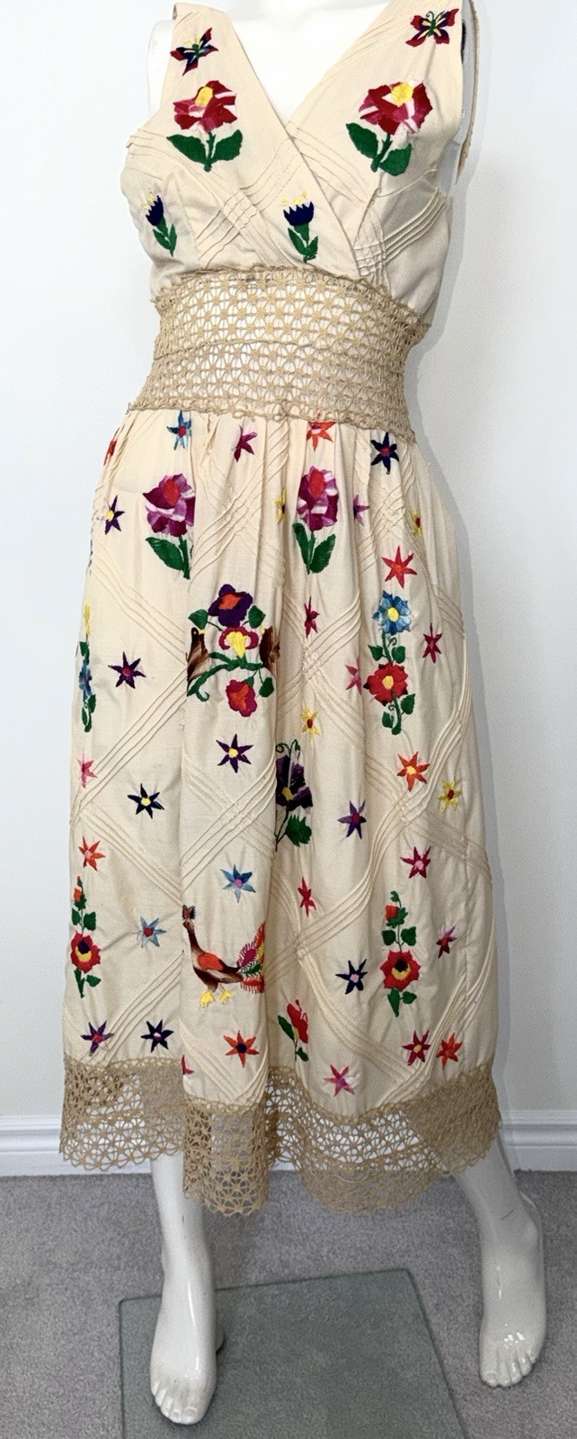 Vintage 1970s Mexican Embroidered Festival Cream Prairie Crochet DRESS