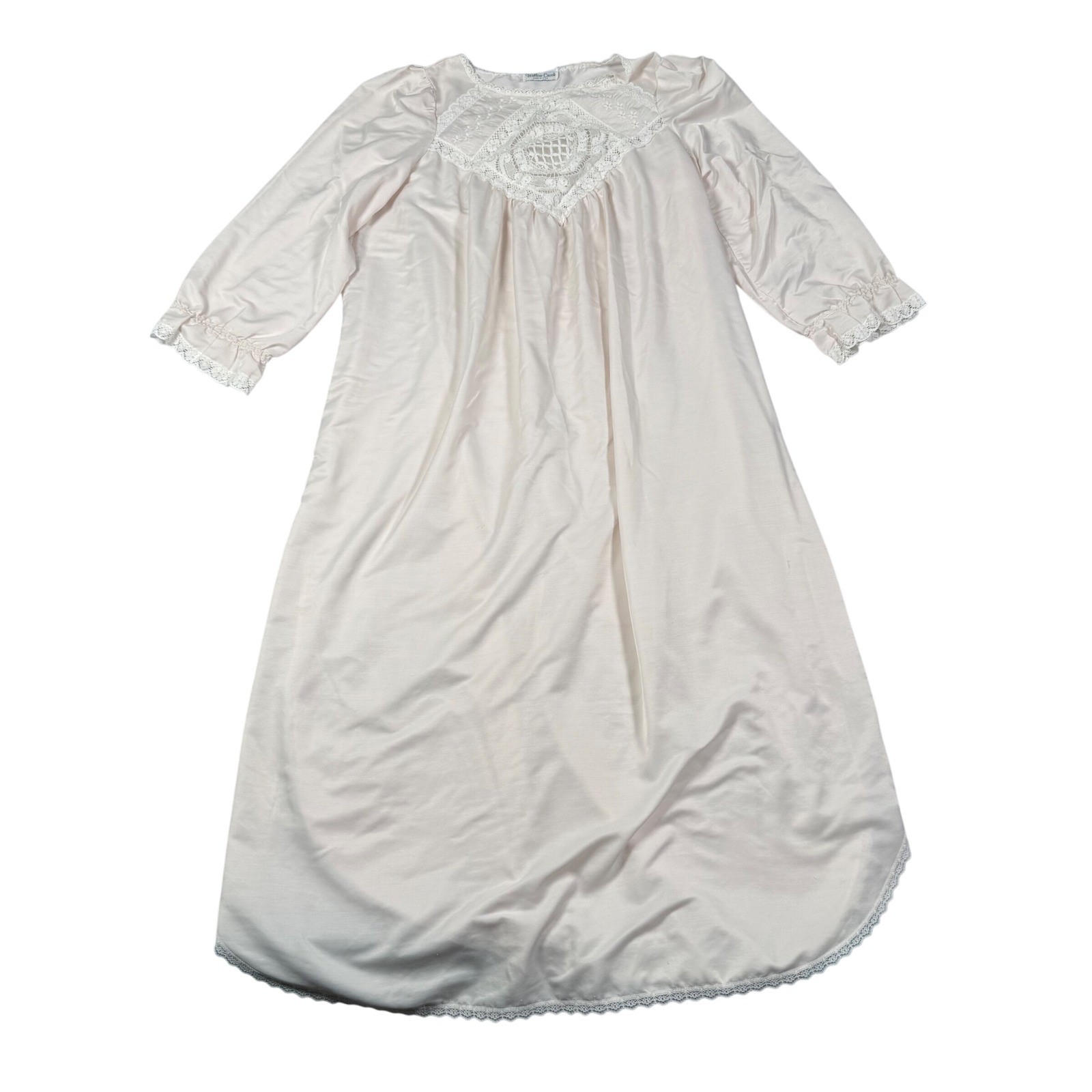 Willow Creek Vintage Nightgown Pink Lace Crochet Yoke 3/4 Sleeve Made in USA