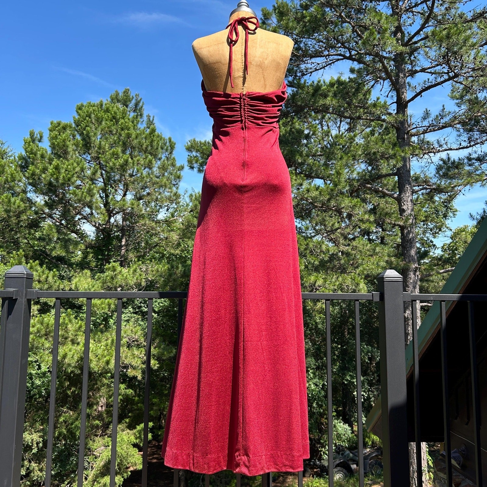 Vintage 70s Rusty Red Draped Gathered Grecian Empire Waist Flowy Maxi Dress S
