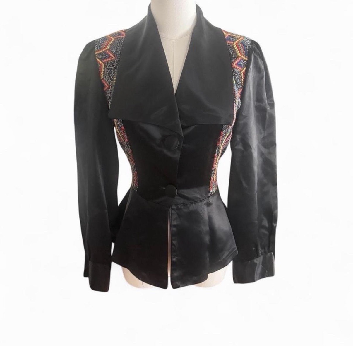 Stunning Vintage 1970s–80s Black Satin Jacket with Handmade Geometric Embroidery