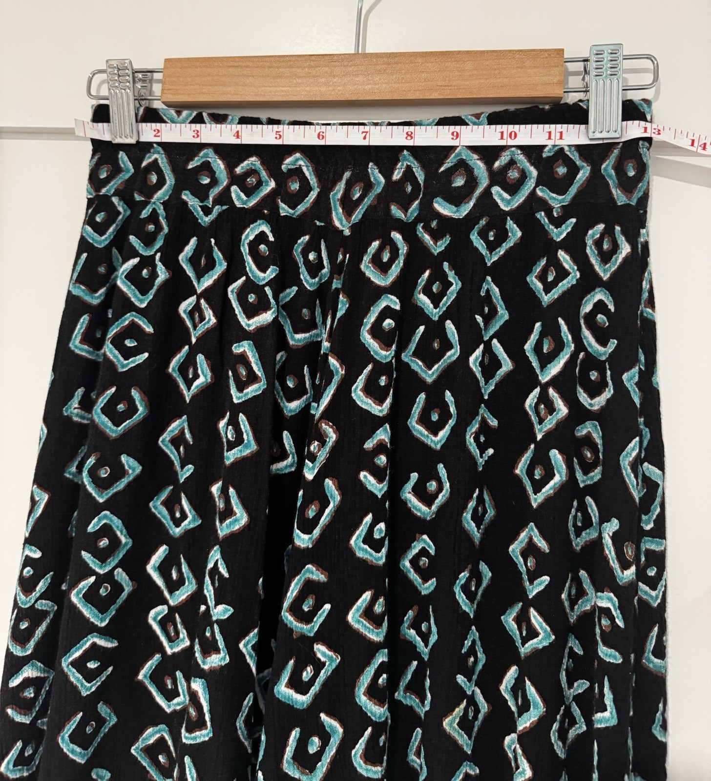 Vintage 90s Rayon Crinkle Skort S Black Teal Geometric Tribal Boho Festival