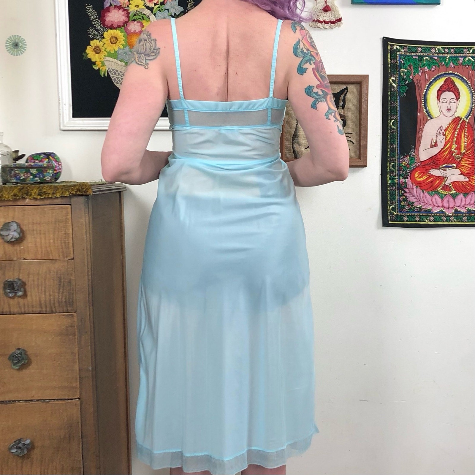 Vintage Aqua Taffeta Slip, 1940s Hand Dyed Swishy Nylon Slip Dress, Sz XS