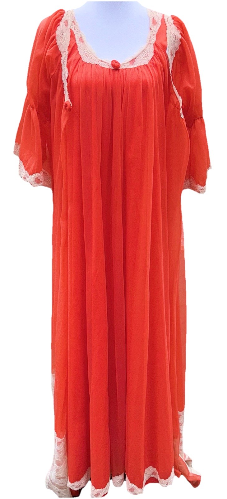 Vtg Intime Nightgown & Robe Double Chiffon Peignoir Set Flame Orange Sweep S M +