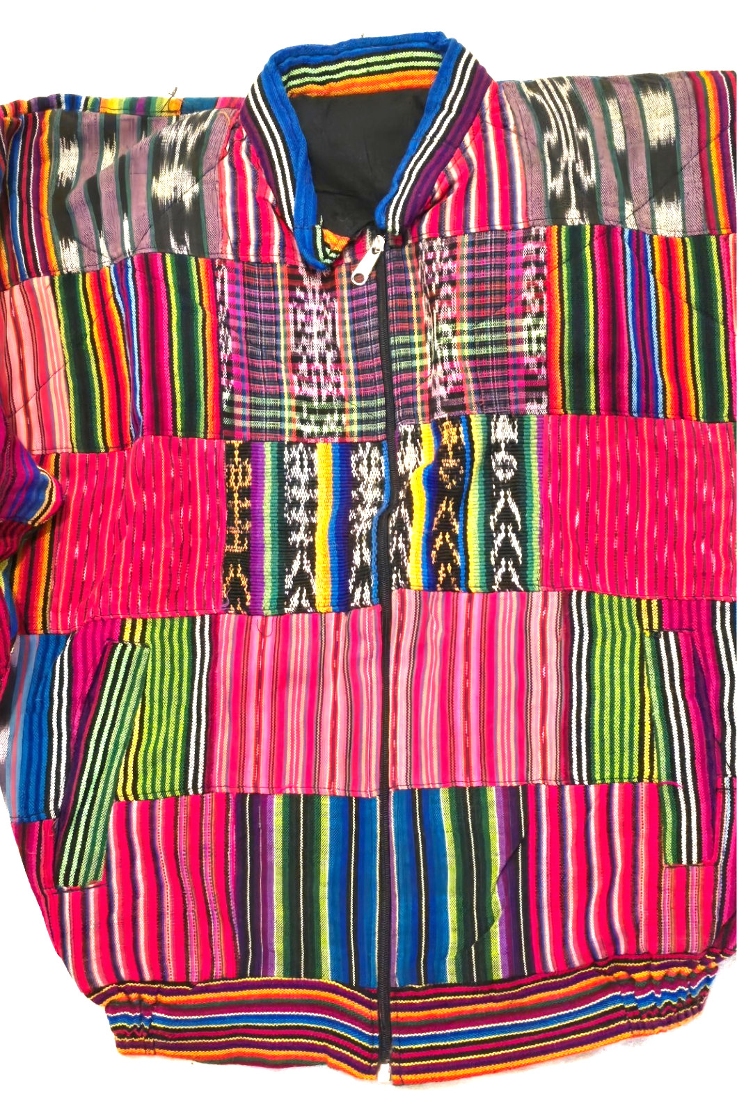 Huipil Strip Guatemala Hippie Patchwork Festival Woven Zip Bomber Jacket VTG 90s