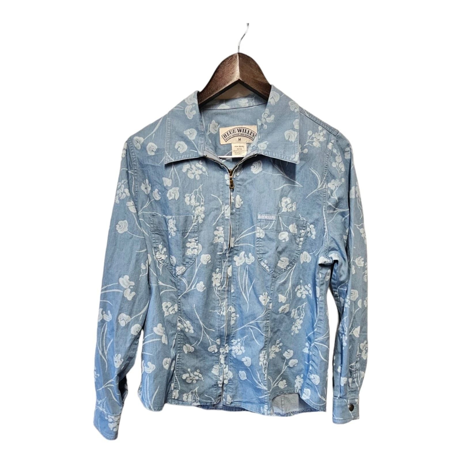 Vintage BLUE WILLI&rsquo;S Denmark Full Zip Chambray Denim Floral Jacket Blue MEDIUM