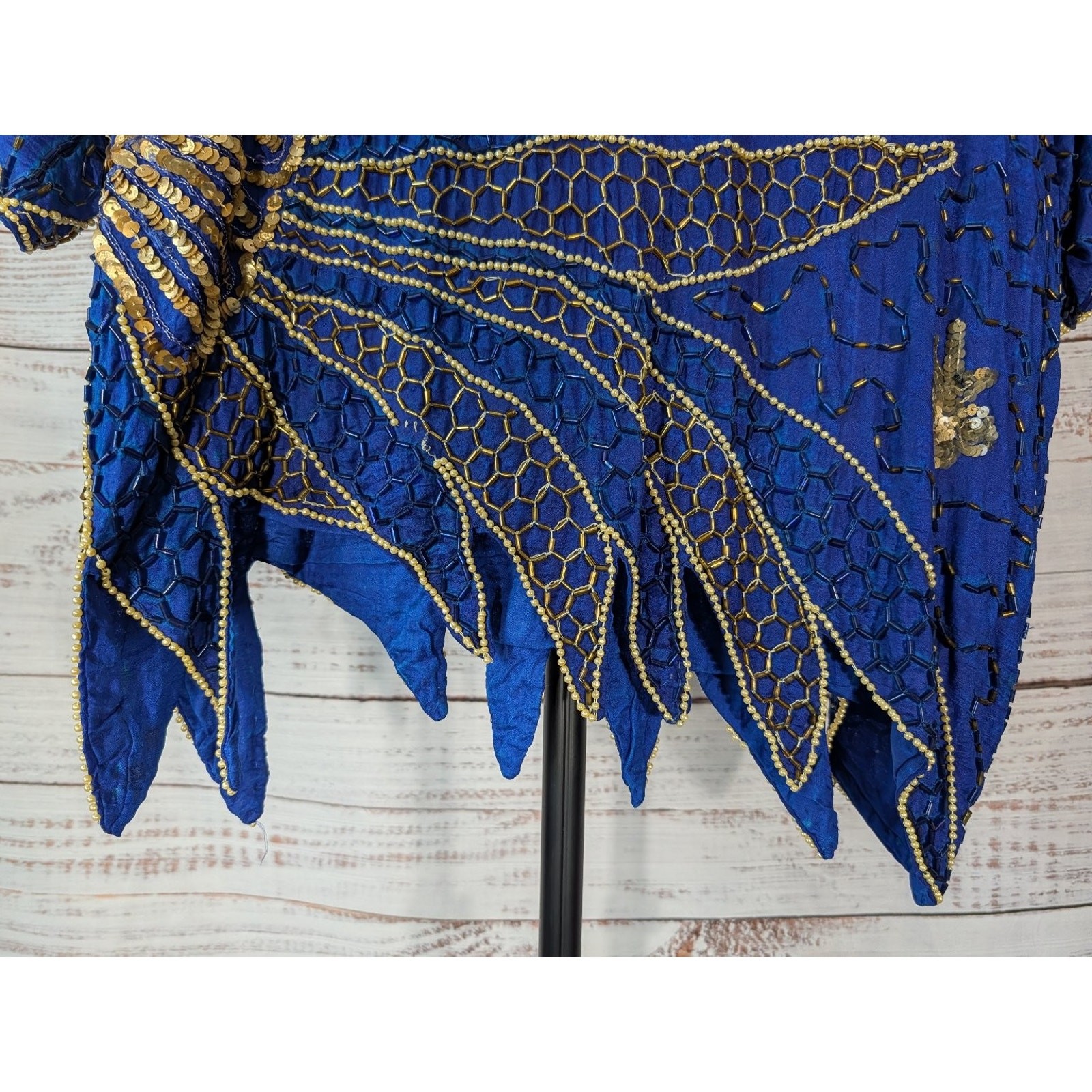 VTG Silk 3Pc Set Beaded Sequin Top Skirt Royal Blue Gold Art Deco Mermaidcore
