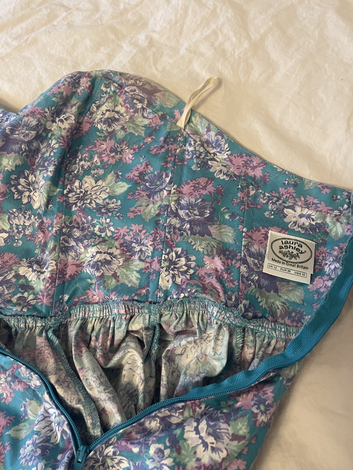 Laura Ashley Vintage 90s Floral Strapless Dress Aqua Purple US Sz 10 runs small
