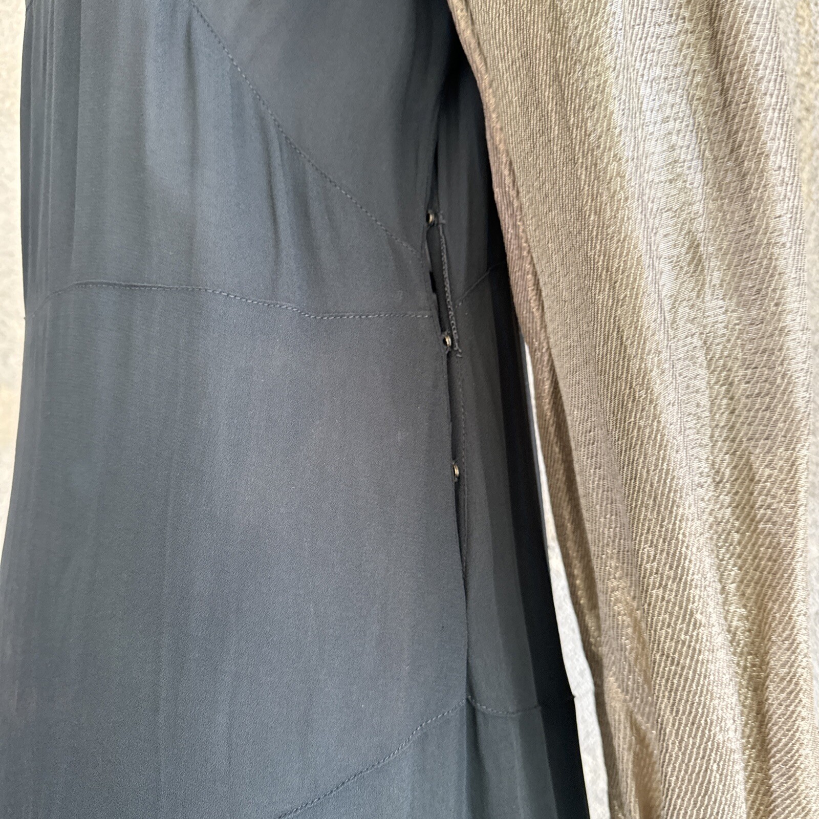 Vintage 1930s Black Silk Dress Silver Lamé Balloon Sleeves Metal Bead Accents