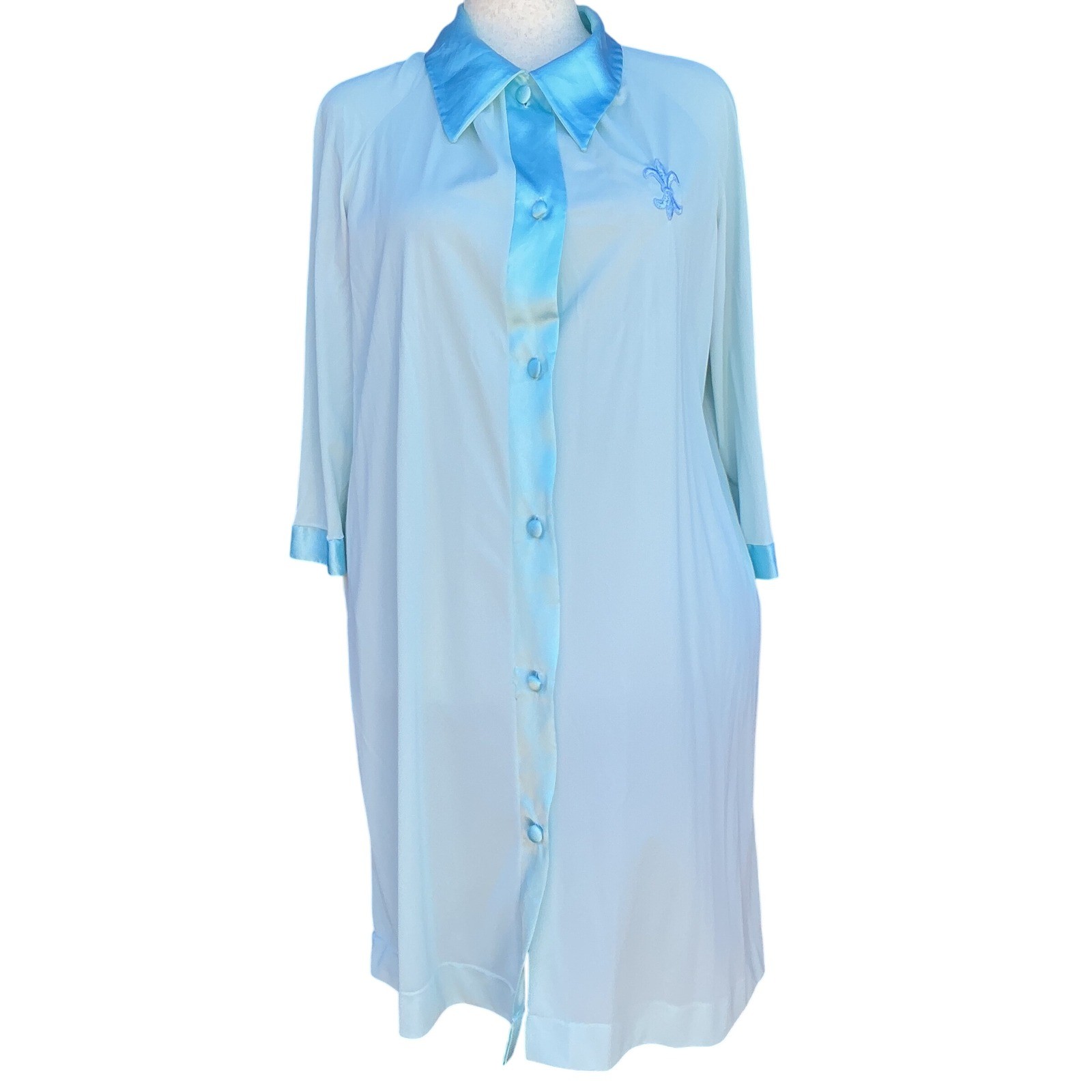 Vintage Nightgown Women XL Aqua Blue Satin Trim Fleur-de-Lis Retro Housecoat