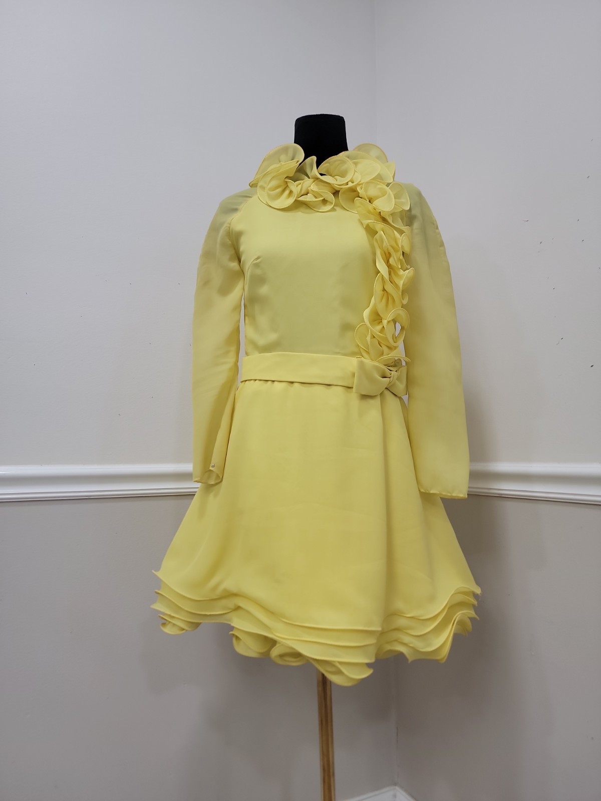 VTG 60&rsquo;s&rsquo;70s Pouponne Anvers Belgium Yellow Chiffon Ruffle Mini Dress Mod