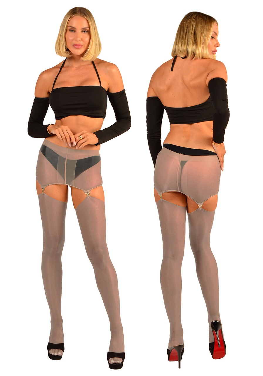 Rochelle – Oil Shine Nylon Garter & Roll Top Stockings with Garter Clips