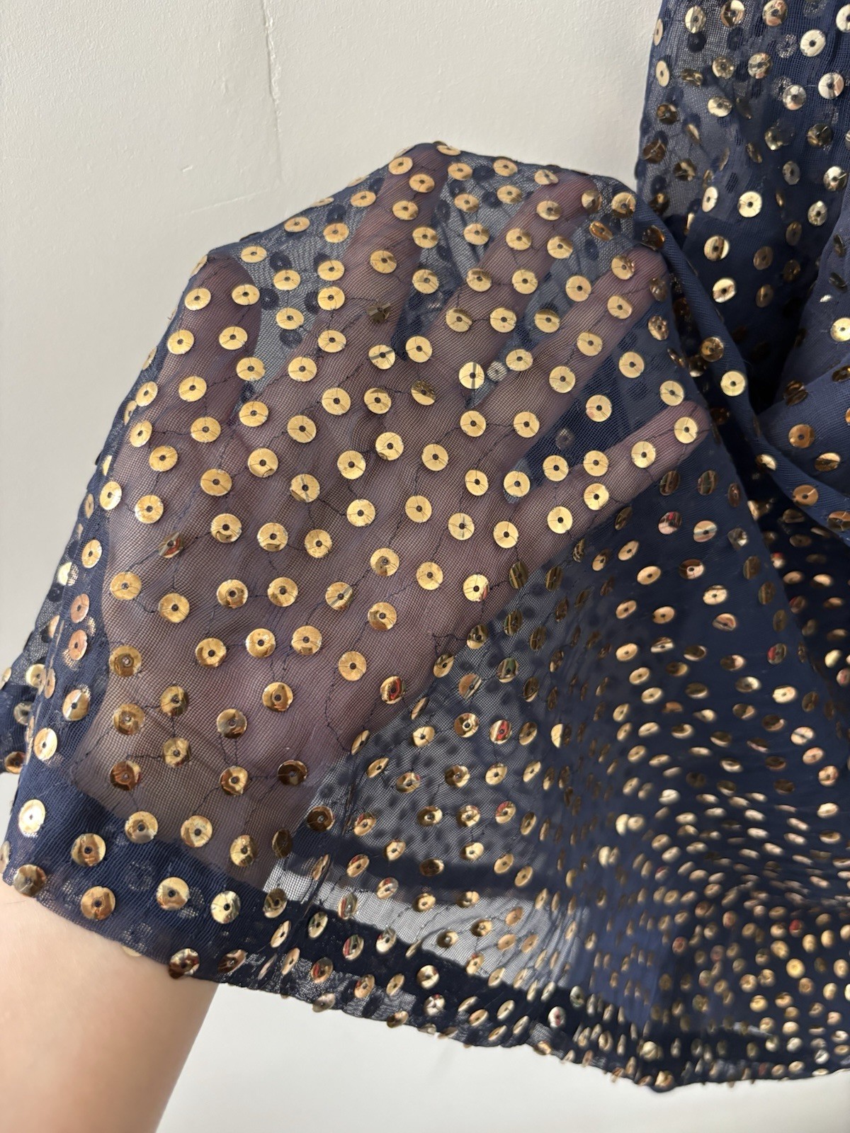 70s Joan Leslie by Kasper Sequin Party Dress Navy Gold Sheer Sleeve VTG