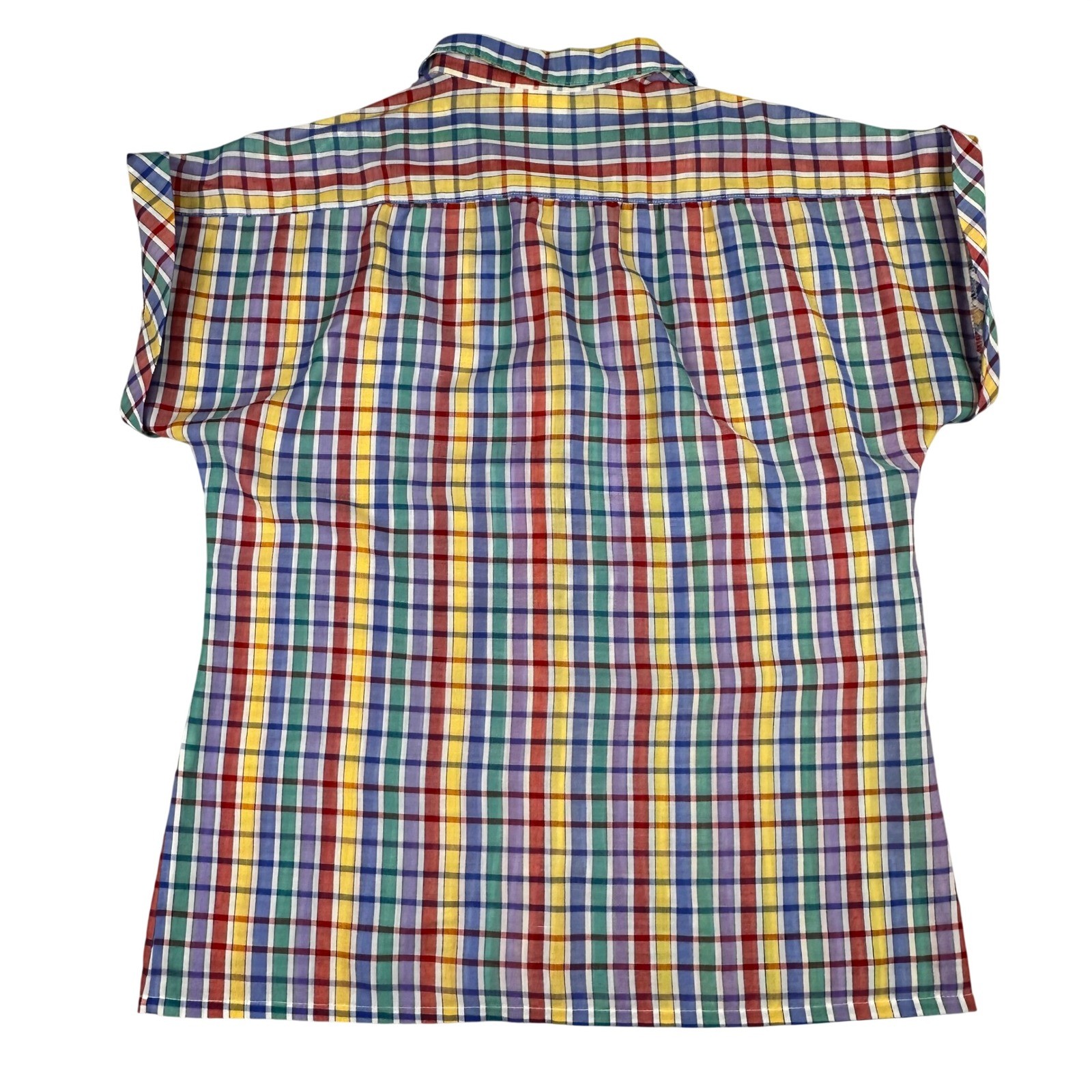 Vtg 70s Koret Rainbow Gingham Plaid Short Sleeve Button Down Shirt Multicolor