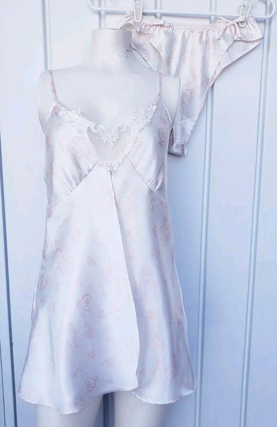 Vintage Cinema Etoile Satin Babydoll Top Flutter Panty Set Sz Small Cupid Hearts