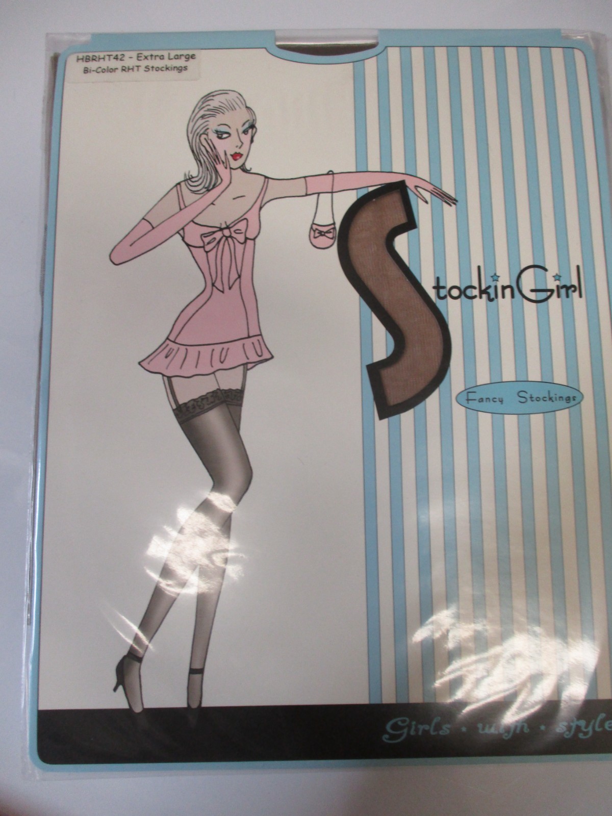 1PR VINTAGE STOCKING GIRL RHT SHEER FLAT KNIT NYLON STOCKINGS 11 LONG BLK/BEIGE