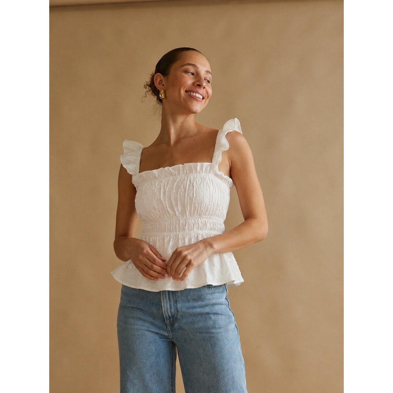 Love Riche White Smocked Ruffle Strap Peplum Camisole