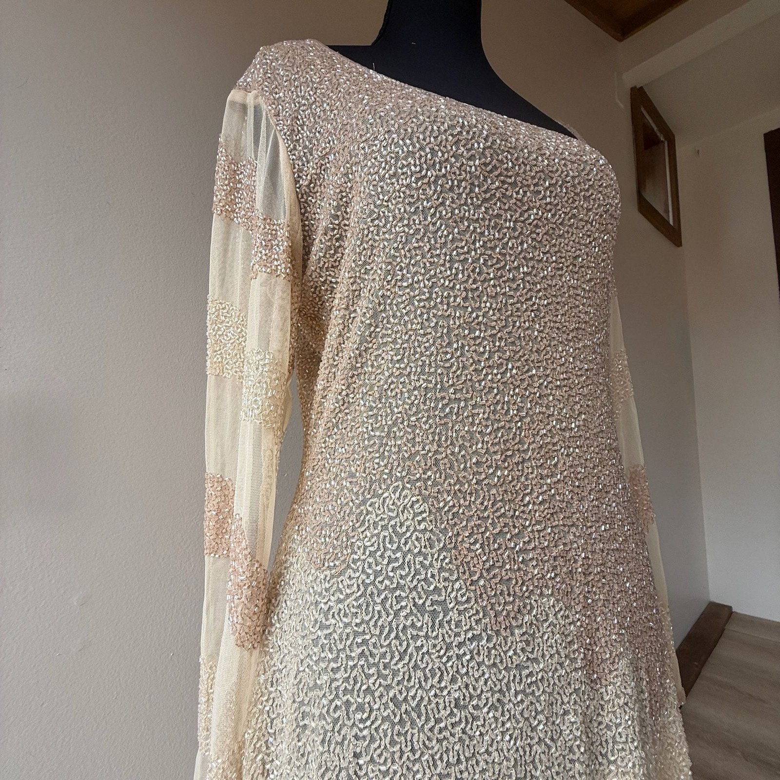 Vintage Fully Beaded Sequined Cream Asymmetrical Shirt Dress Sheer