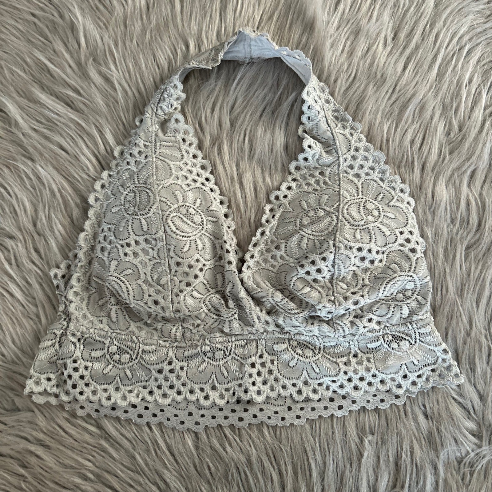Aeropostale Wireless Halter Bralette Women Size XL Gray Floral Lace Wirefree Bra
