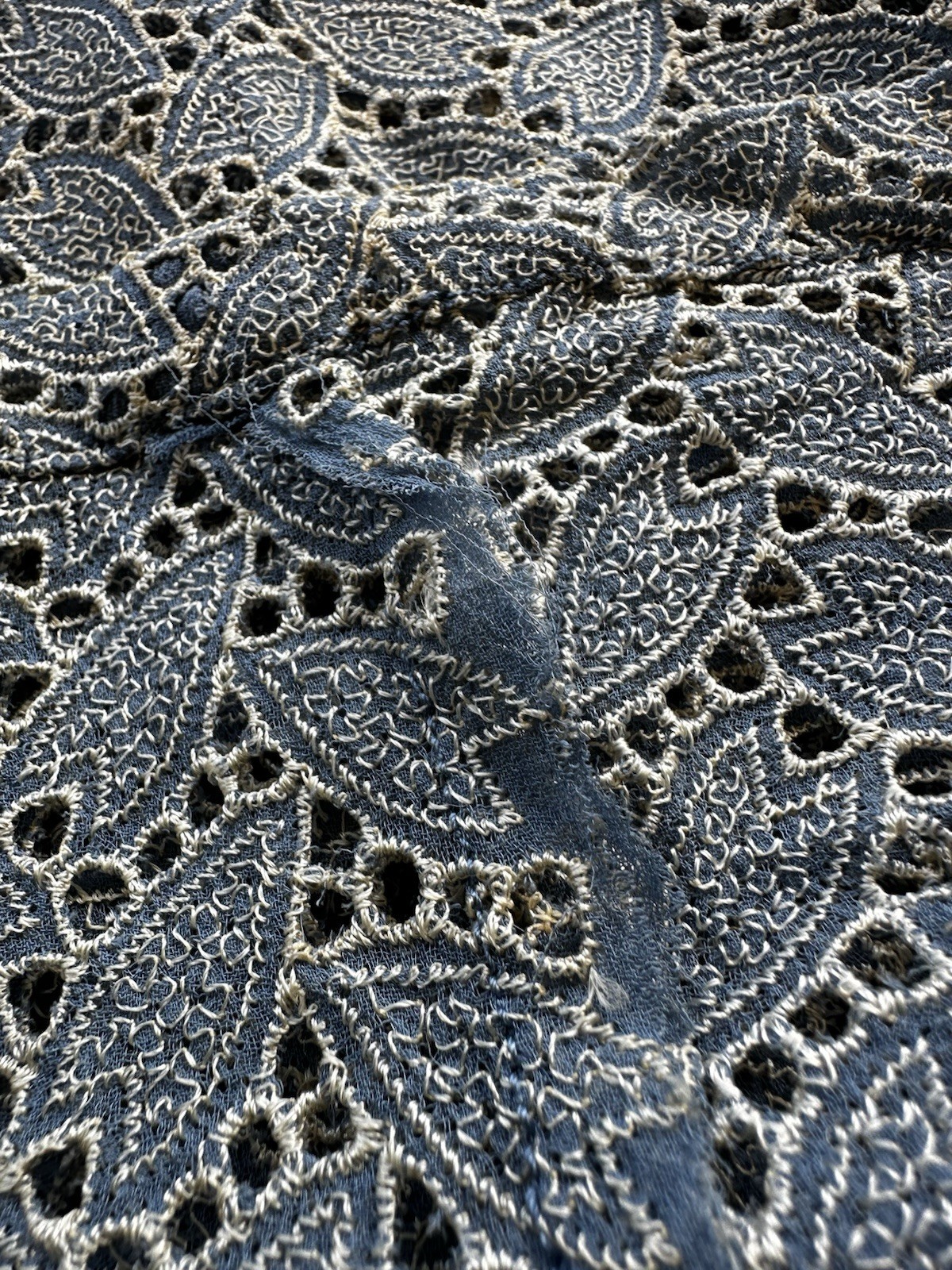 1940s Embroidered Rayon Crepe Cutwork Hostess Lounge Dress Blue Maxi L XL