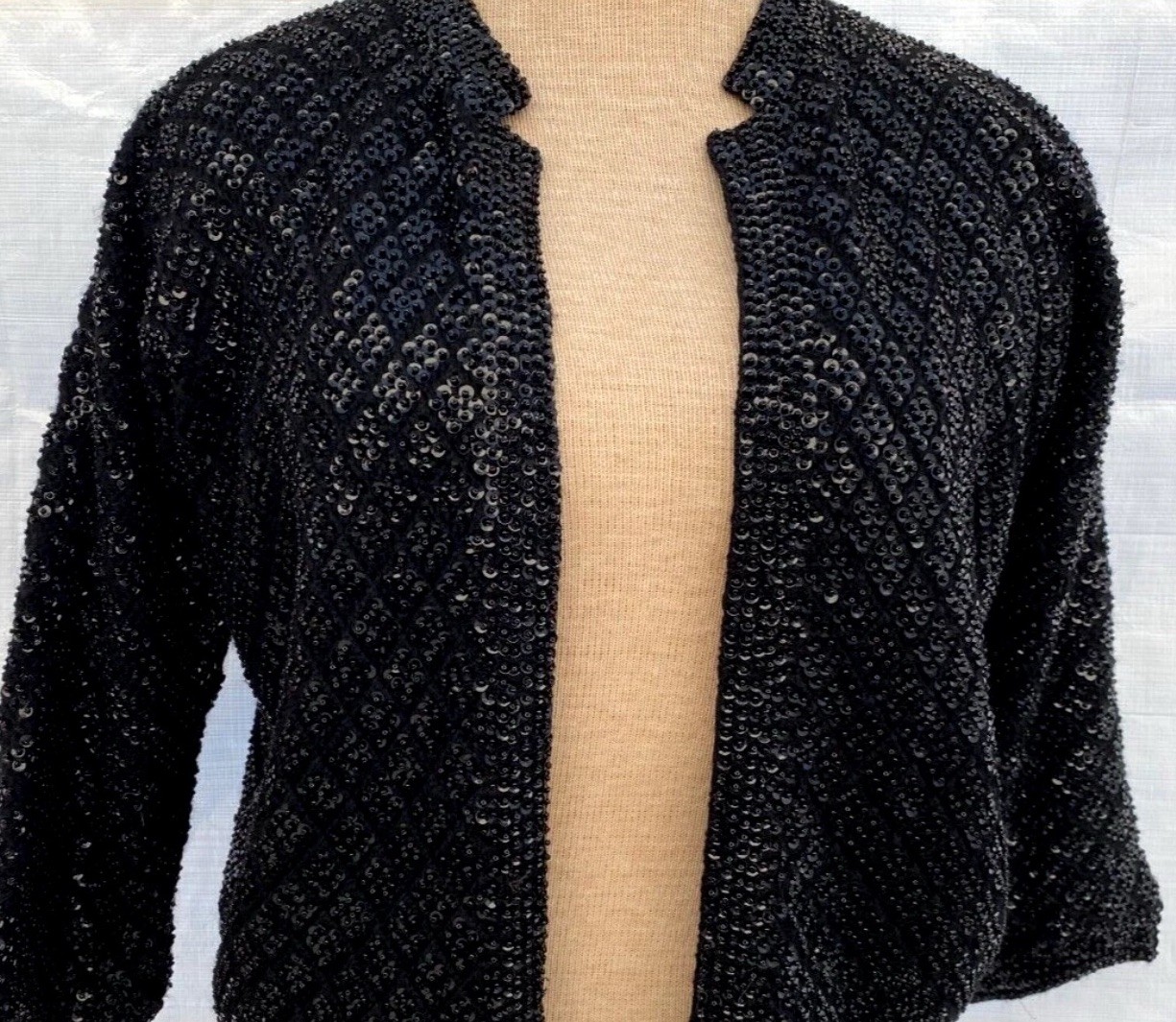 Cardigan Black Sequins Knit Lambskin Womens MILES Small 17” Vintage