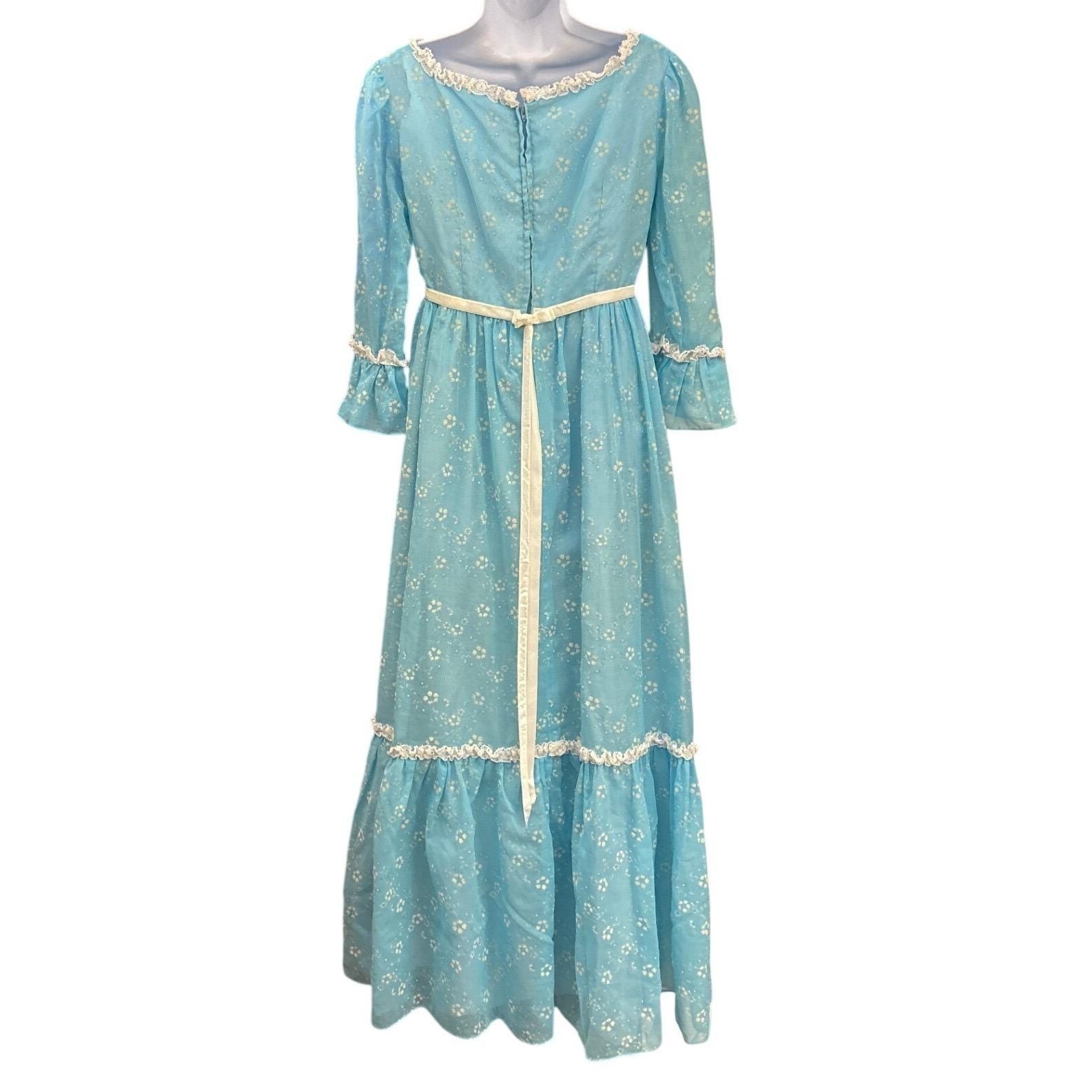 70s Lorrie Deb Maxi Dress Cottagecore Prairie Blue Floral Lace Trim Style 7899