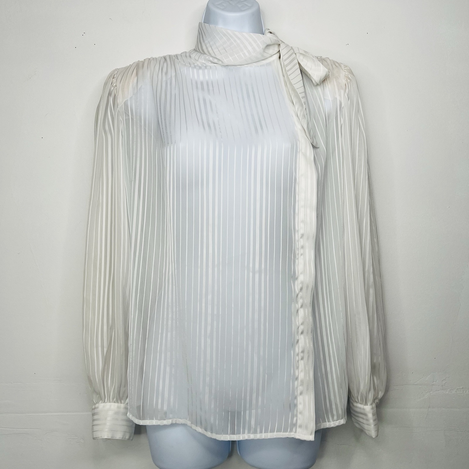 80&rsquo;s Lloyd William Side Button Down Blouse 10 Victorian Boho Secretary White Bow