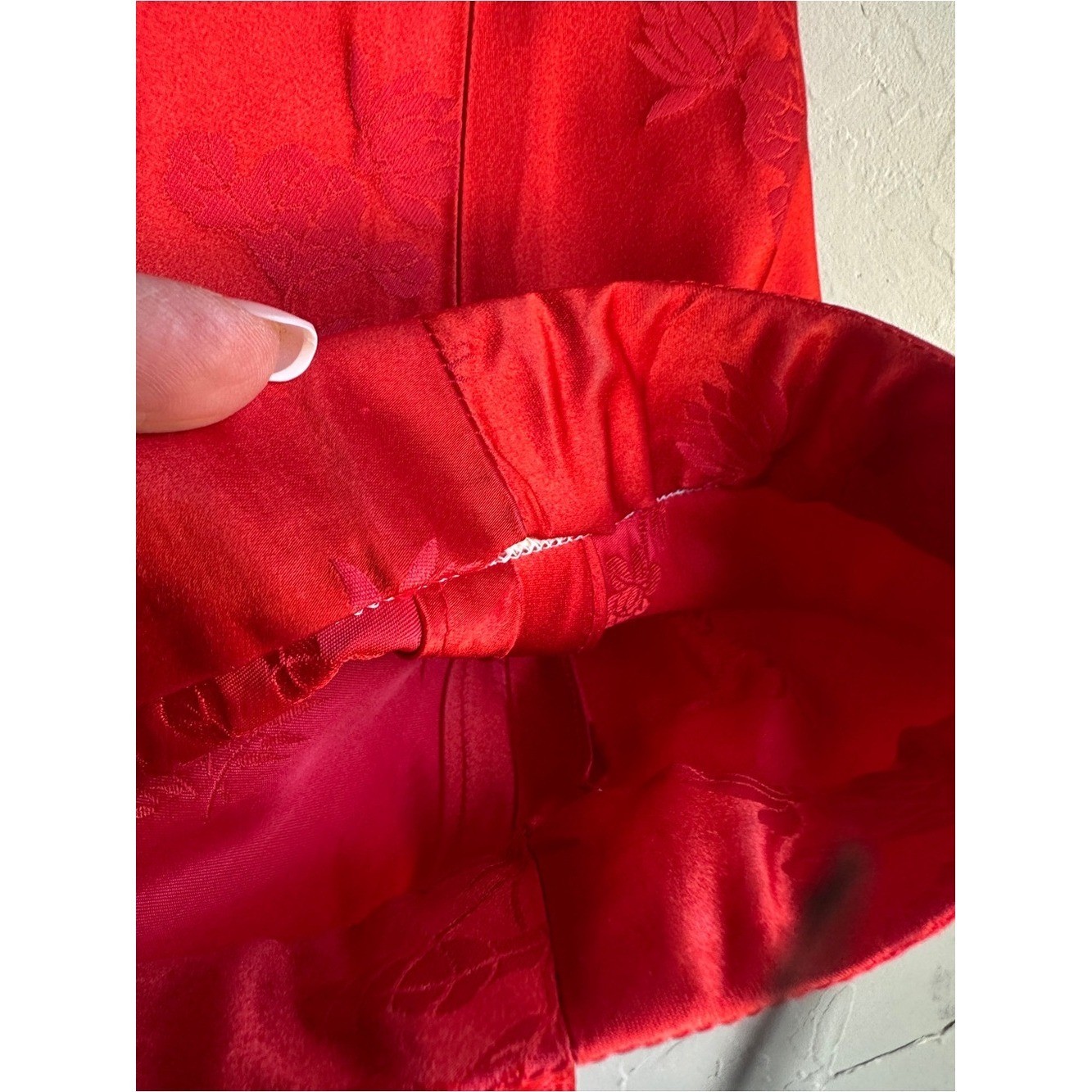 Vintage Red Mandarin Frog Closure Satin Jacquard Jacket Chinese Brocade Artwear