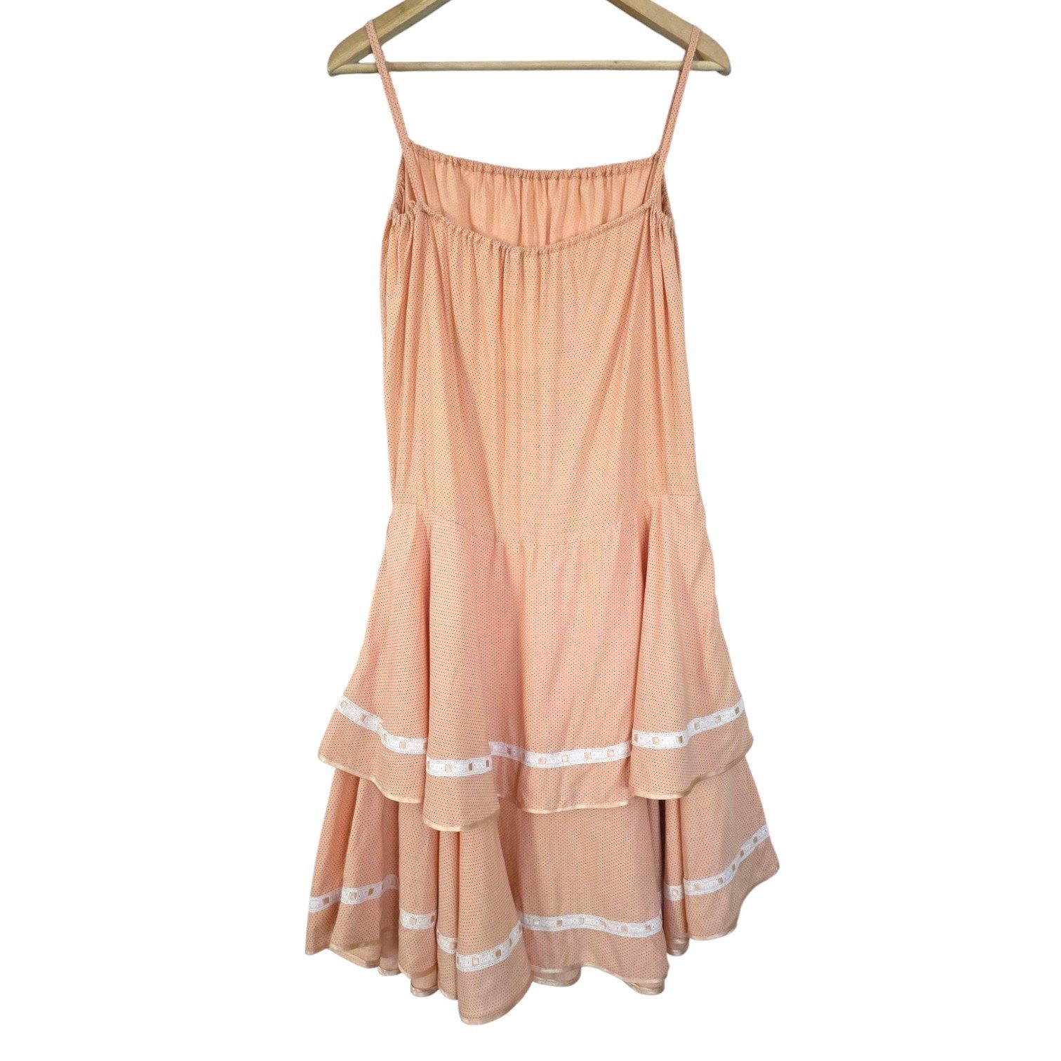 Vintage Emmanuel Schvili Peach Swiss Dot Drop Waist Tiered Coquette Summer Dress