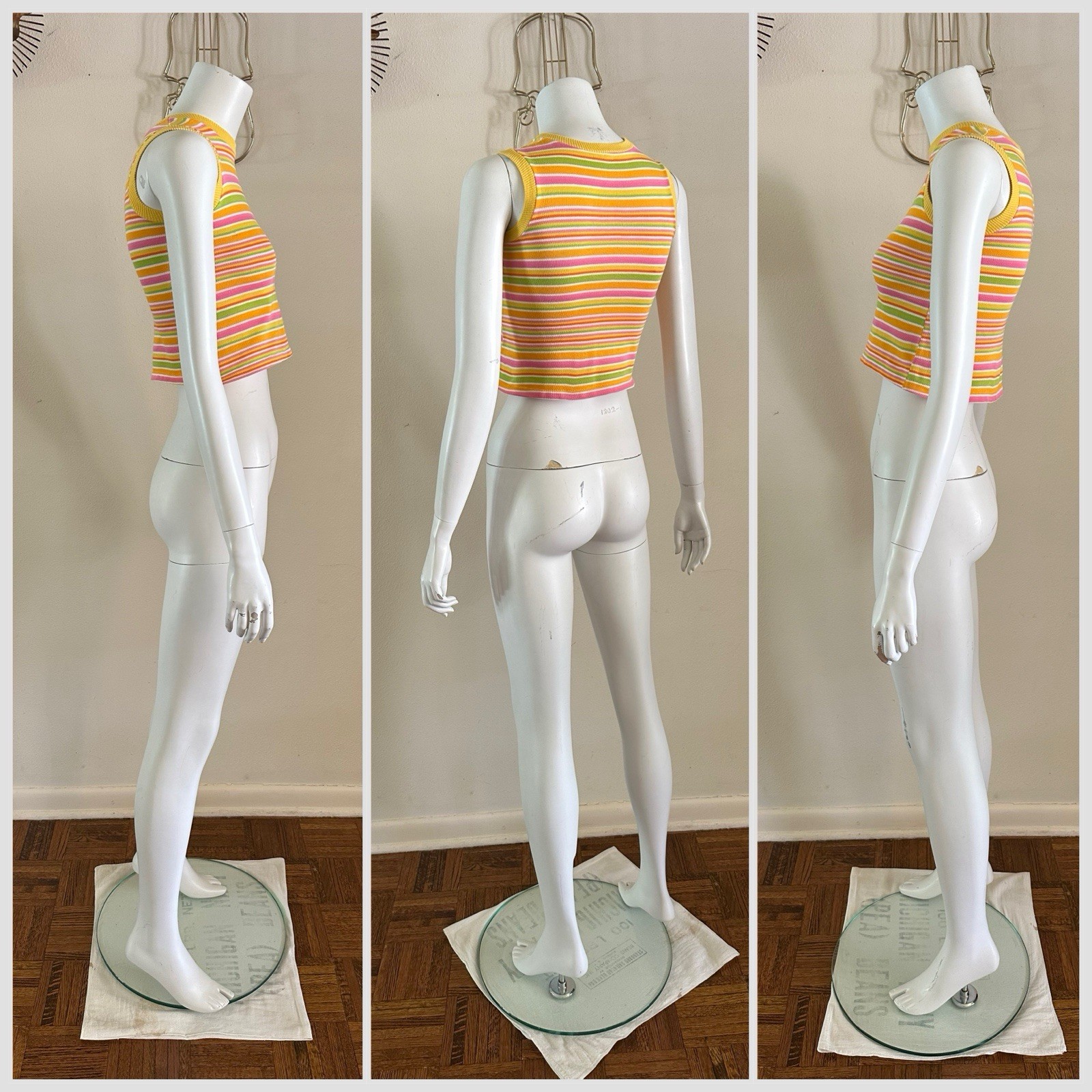 1960s 70s Stripe Knit Crop Tank Top Mod Resort Sportswear Surf Pink XS S VTG