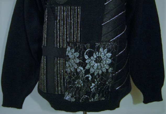 VINTAGE 80s GLAM BLACK SEQUIN SATIN LACE EMBELLISHED CHRISTMAS PRESENT SWEATER M