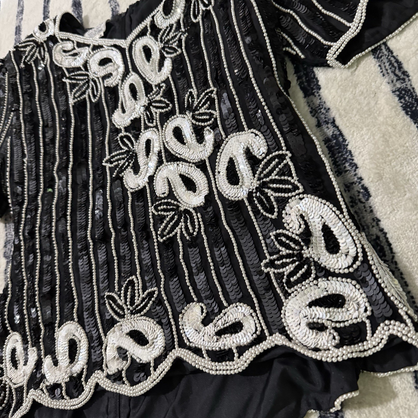 Vintage Stenay Black and White Sequin Evening Blouse Top with Bead Trim | Size M