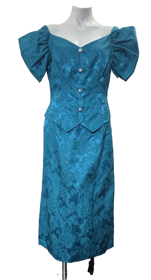 Vintage Jordan Fashions Teal Jacquard Puff Sleeve Evening Dress Union Made USA,