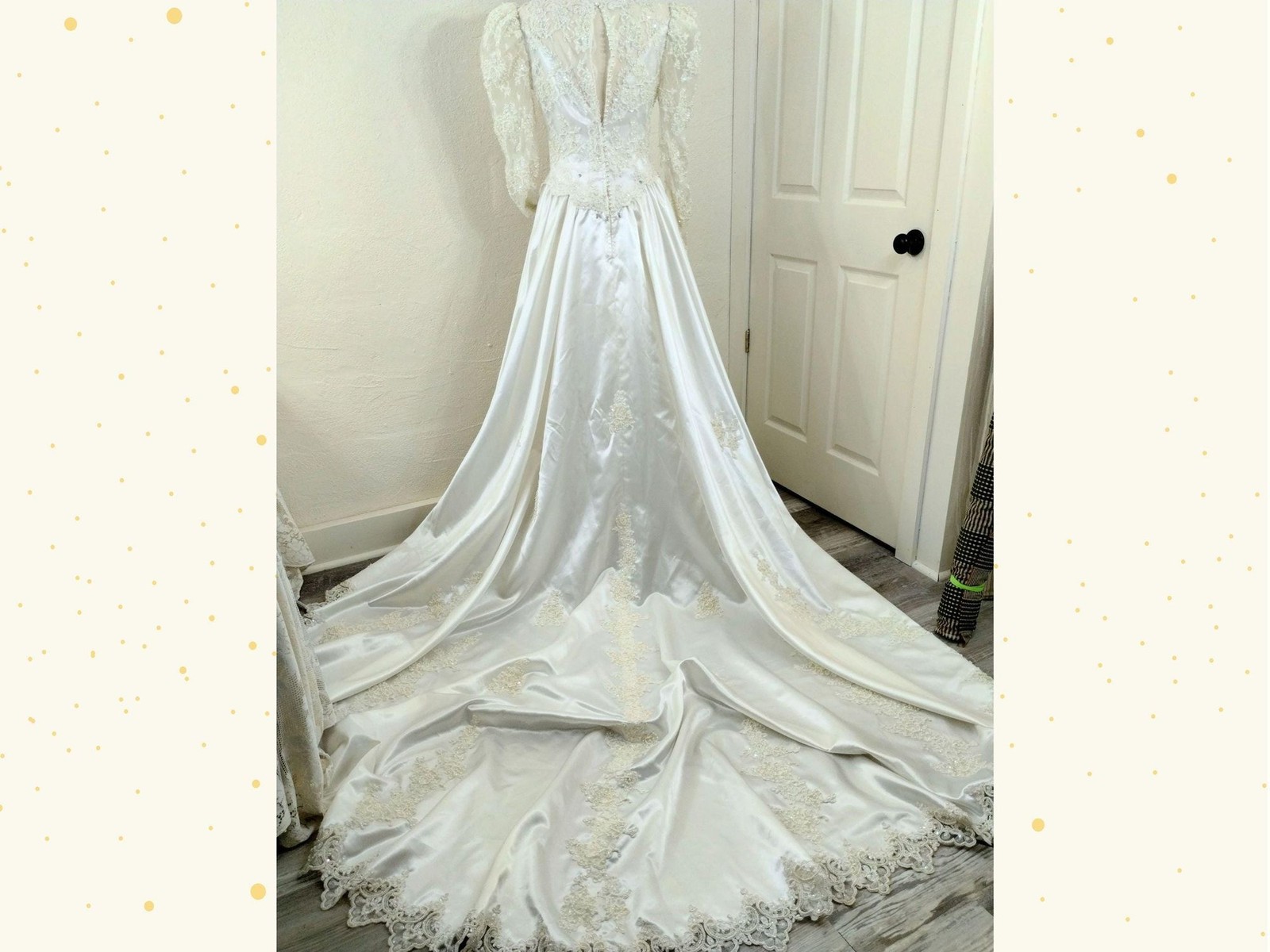 Vtge 80s Wedding Dress: Ivory Satin, Pearls, Sequins, Puff Sleeves, Basque Waist