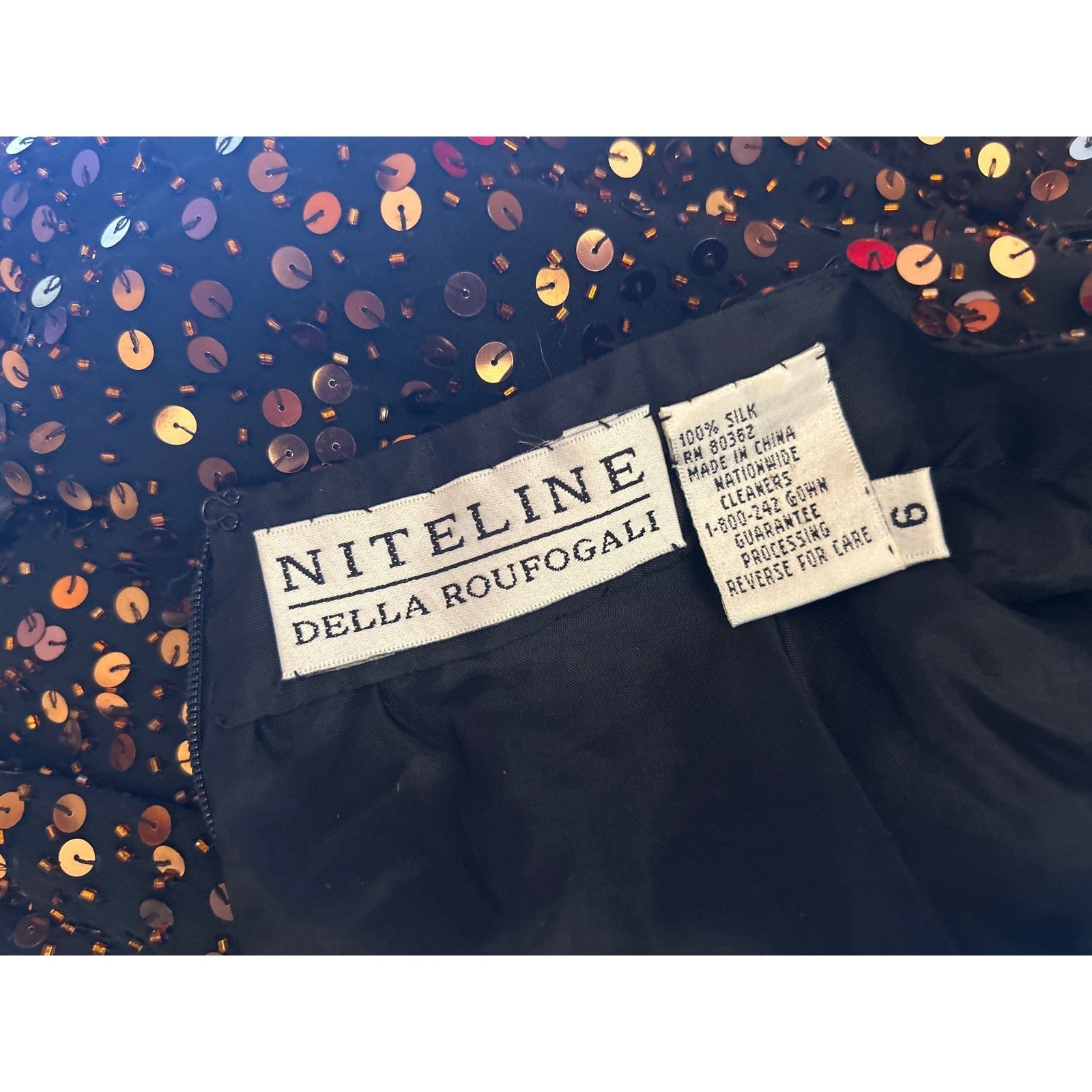 Vintage Niteline Della Roufogali Silk Sequin Cocktail Dress Black Copper Glam