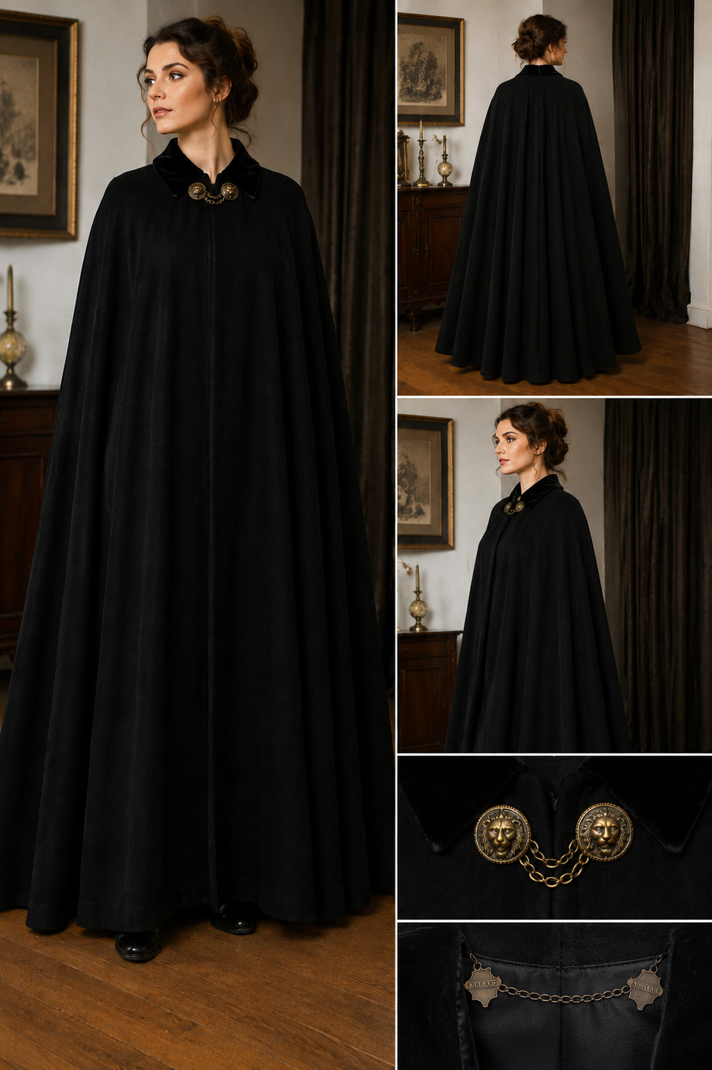 Antique Edwardian Black Wool Cape Cloak 48&Prime; L Velvet Collar Lions Head Clasps