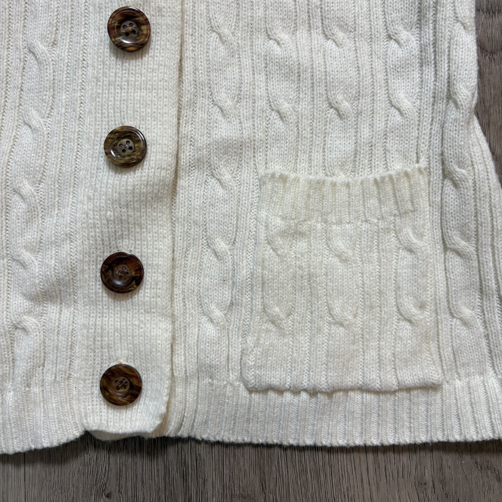 Vintage Montgomery Ward Cable Knit Hooded Cardigan Sweater Ivory w/ Wood Buttons
