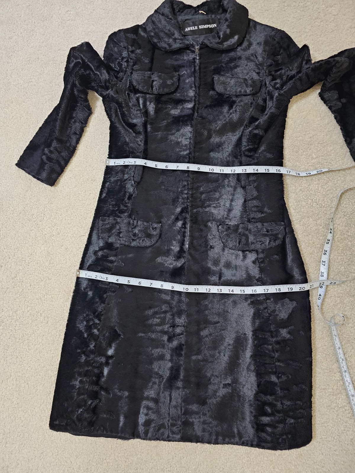 VTG 1960s Adele Simpson Womens Black Crushed Velvet Half Zip Coat Dress Sz. M